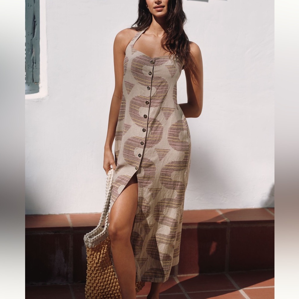 Anthropologie Celandine Linen Halter Button-Front Maxi Dress